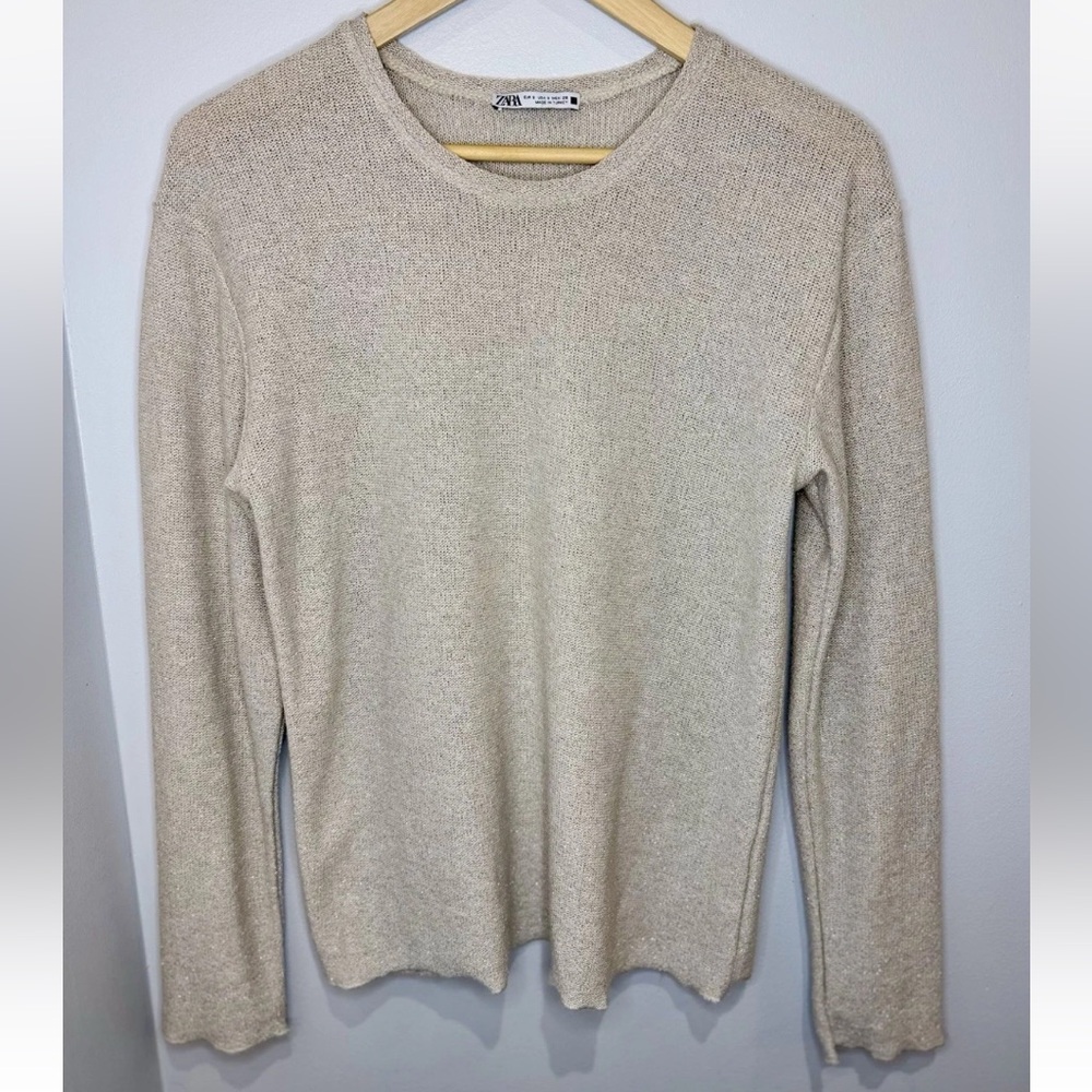 Zara Sparkly Neutral Gold Crewneck Pullover Sweater SMALL